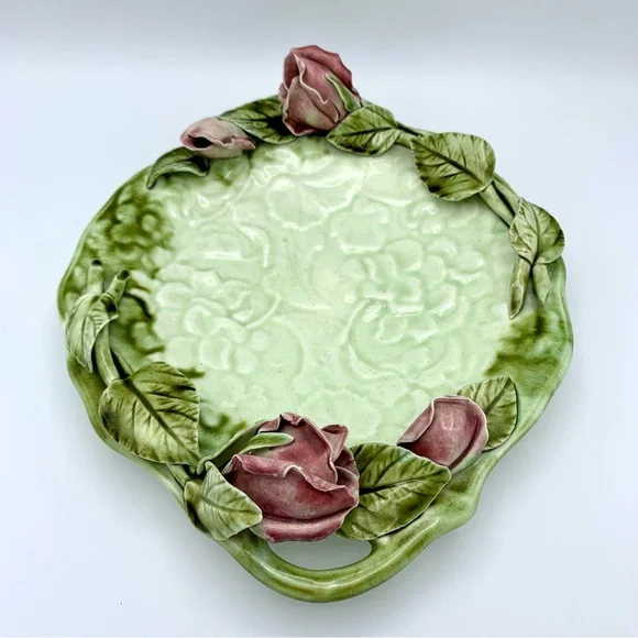 Vintage Majolica Pottery Platter 12” Green Leaves Pink Capodimonte Raised Roses - Picture 5 of 16
